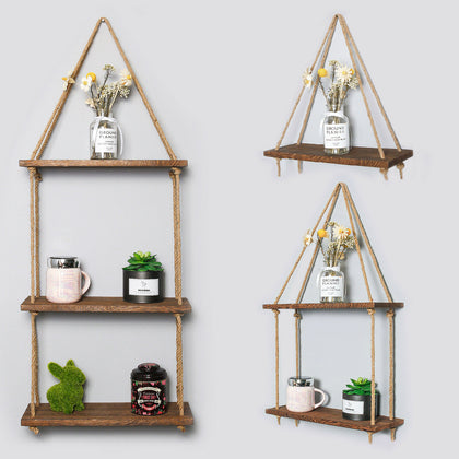 Wooden Hanging Rope Shelf Wall Mounted Floating Shelf Storage Rustic 1/2/3 Tiers