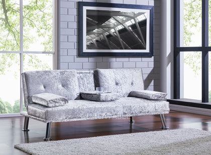 Fabric Sofa Bed Cupholder 3 Seater Chrome Legs Silver Velvet