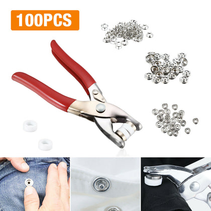 100X 9.5mm Studs Snap Popper Prong Pliers Ring Press Fasteners DIY Tool Kit UK