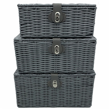 Faboer Set of 3 Storage Baskets Resin Woven Hamper Box Lid & Lock Stackable Grey