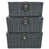 Set of 3 Storage Baskets Resin Woven Hamper Box Lid & Lock Stackable Grey