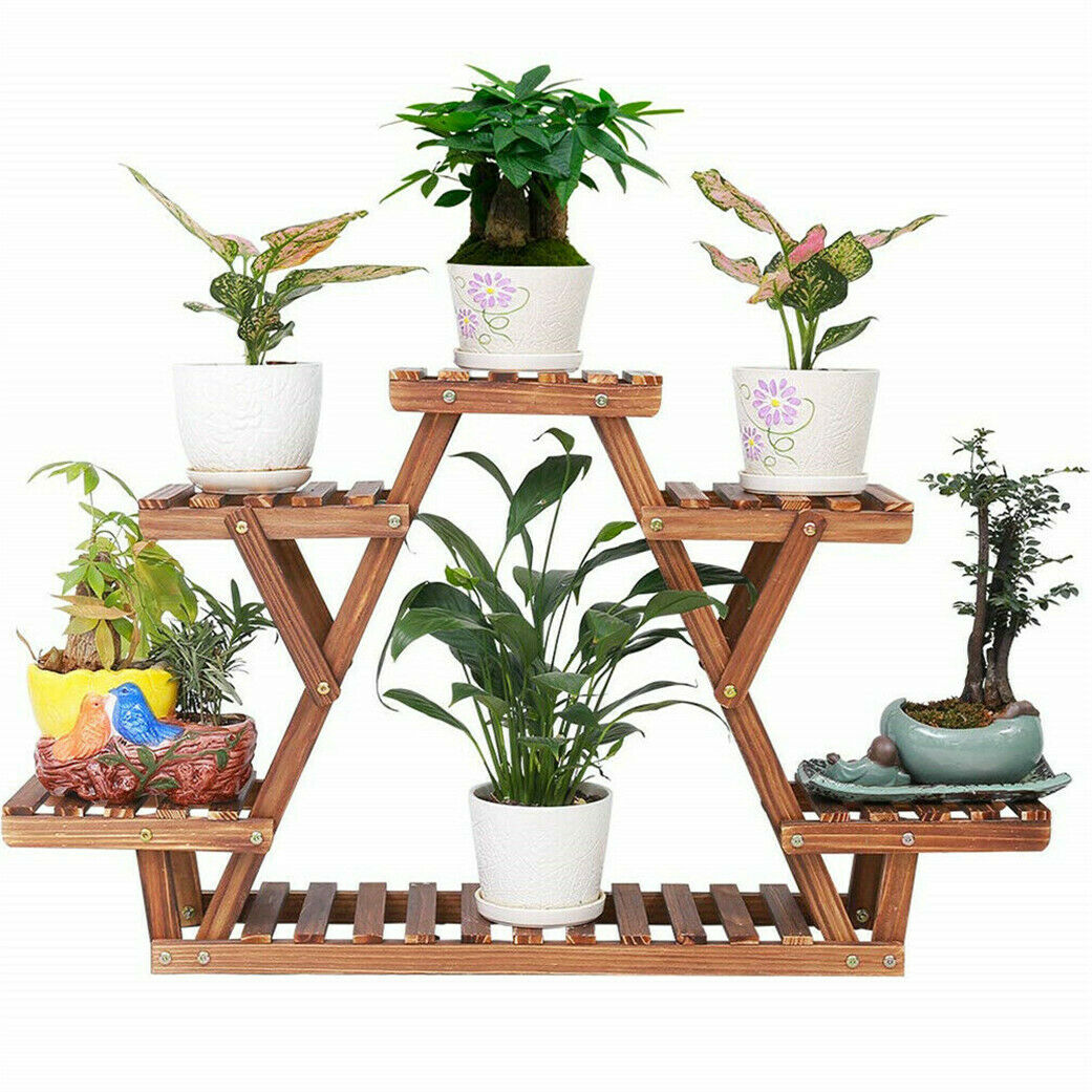 6 Tiered Stable Triangular Structure Wood Plant Stand Shelf Outdoor Co ...