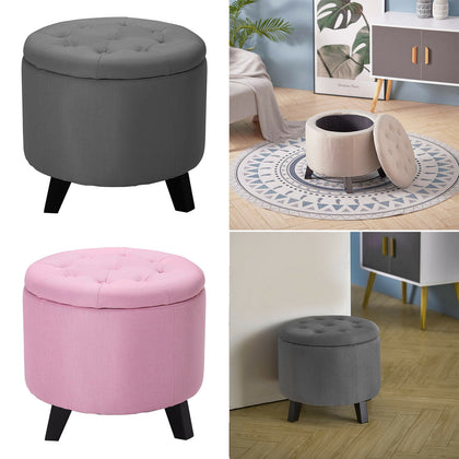Round Storage Ottoman Stool Buttoned Fabric Padded Footstool Chair Pouffe Seat