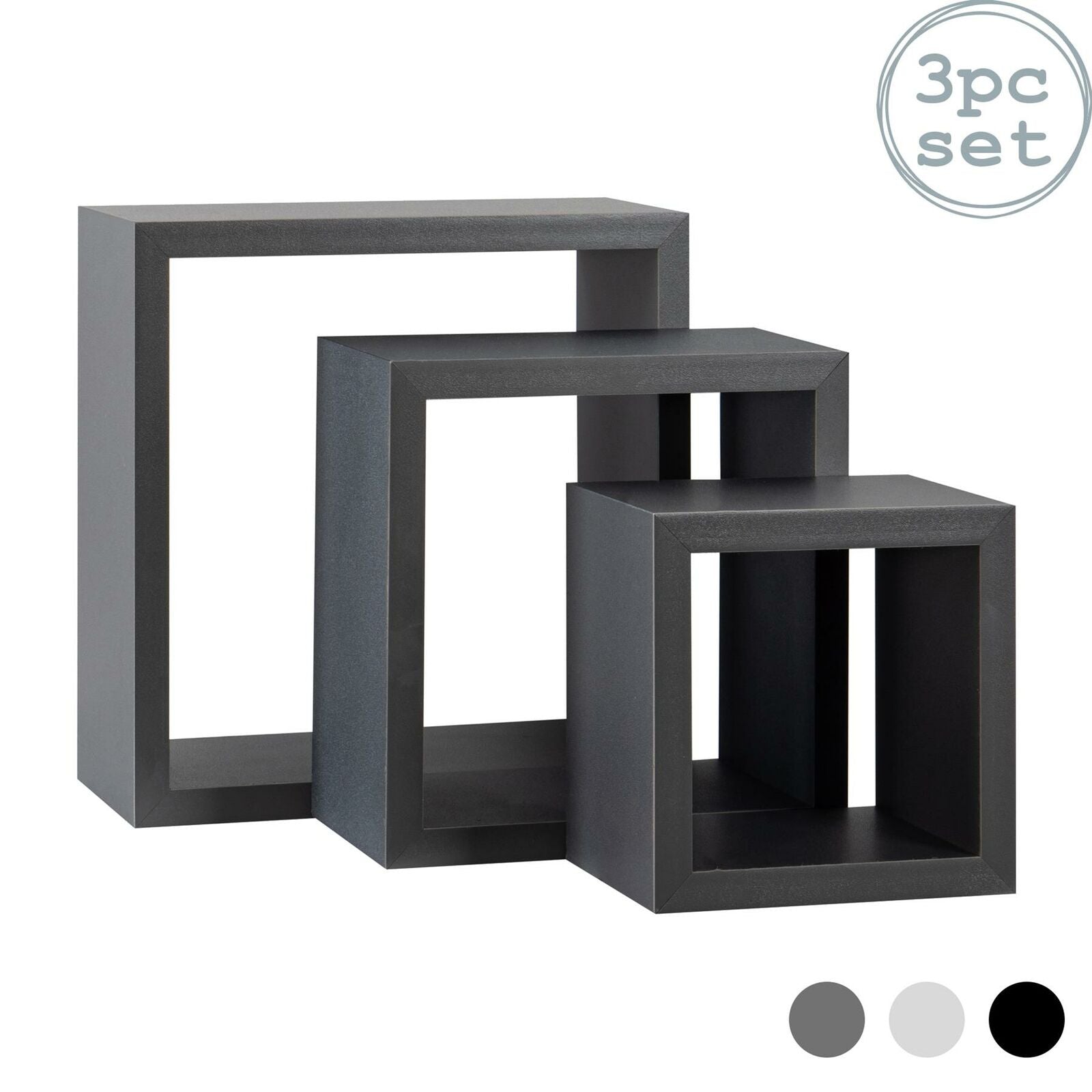 Square Display Shelves Floating Wooden Wall Storage - 3 Sizes - Grey - Set of 3