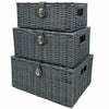 Set of 3 Storage Baskets Resin Woven Hamper Box Lid & Lock Stackable Grey