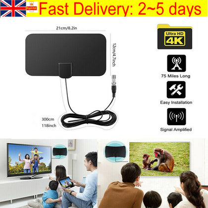 HDTV Digital TV Antenna Indoor Aerial HD Freeview Signal Thin 100 Mile UK New