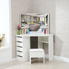 White Wood Corner Dressing Table Corner Makeup Desk 5 Drawer 3 Mirror and Stool