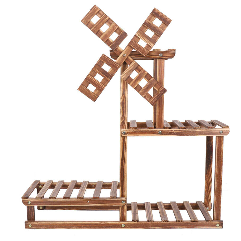 4 Tiers Flower Rack Wood Plant Stand Bonsai Display Shelf With Dutch Windmill