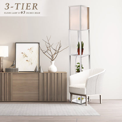 Floor Lamp with Shade Standing Light Reading Shelf Bedroom Livingroom White Wood