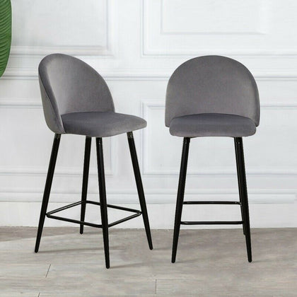 2 Pcs Grey Velvet Bar Stools Breakfast Barstool Kitchen Pub Chair 75cm Seat high