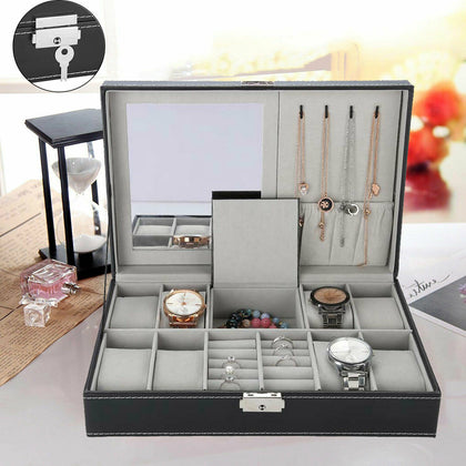 8Slot Leather Watch Storage Case Jewelry Display Box Holder Organizer +Mirror