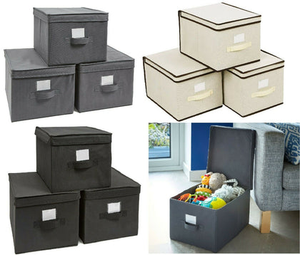 3 x FOLDABLE FABRIC STORAGE BOXES WITH LIDS COLLAPSIBLE STORAGE CUBES ORGANIZER