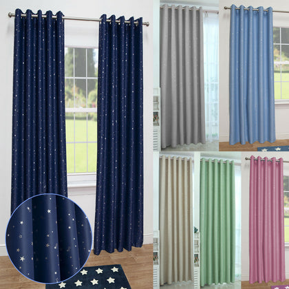 Stars Kids Thermal Blackout Ready Made Eyelet Curtains - Dimout Energy Saving