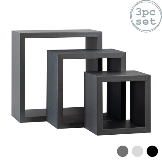 Square Display Shelves Floating Wooden Wall Storage - 3 Sizes - Grey - Set of 3