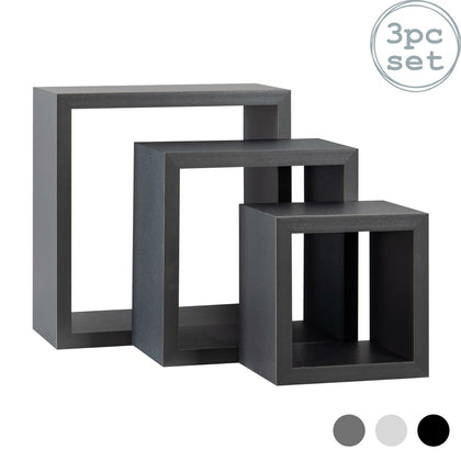 Square Display Shelves Floating Wooden Wall Storage - 3 Sizes - Grey - Set of 3