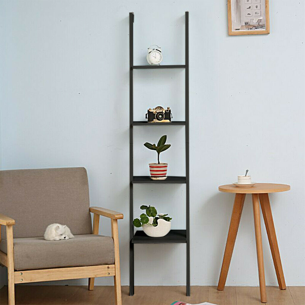 4-Tier Wood Ladder Shelf, Standing Wall Rack, Bookcase Display Shelf White Black