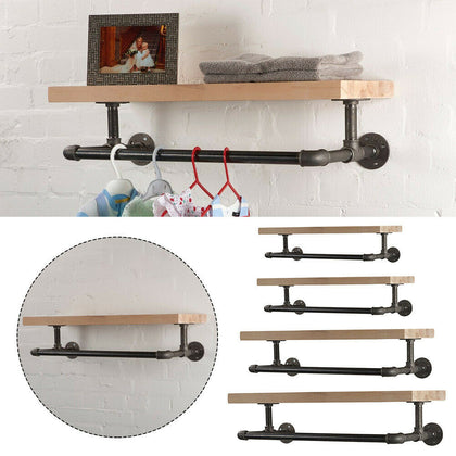 Industrial Clothes Rails and Solid Wood Shelf Pipes Hanging Wooden Board Storage