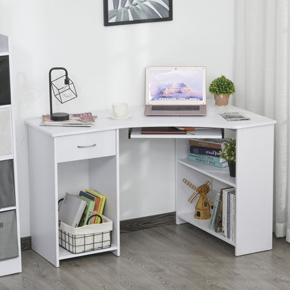 L-Shaped Corner Computer Desk w/ 2 Shelves Worktop Keyboard Tray White