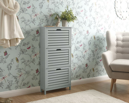 Shoe Storage Cabinet 3 Tier Grey Slatted Cupboard Doors Scandanavian Style