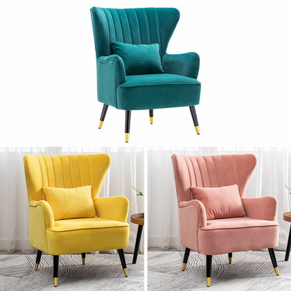 Upholstered Wing Back Armchair Retro Velvet Sofa Chair With Cushion Home Office