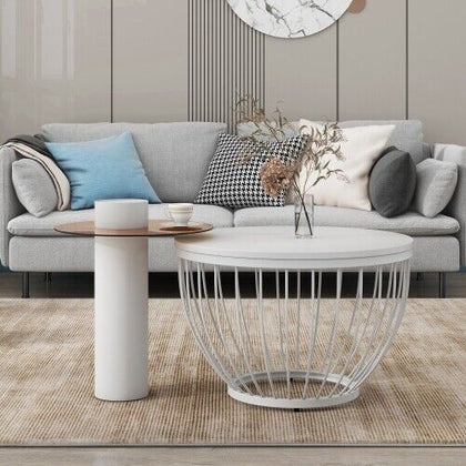Modern Round Coffee Table Set of 2 Nesting Table Metal Frame Marble Effect HT