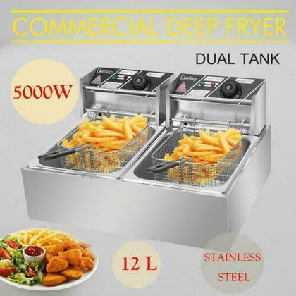Electric Deep Fryer Dual Tank Stainless Steel 12L 5000W Commercial Restaurant
