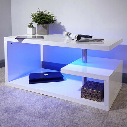 Modern White High Gloss Rectangle Coffee Tea Table Display Shelf with LED Light