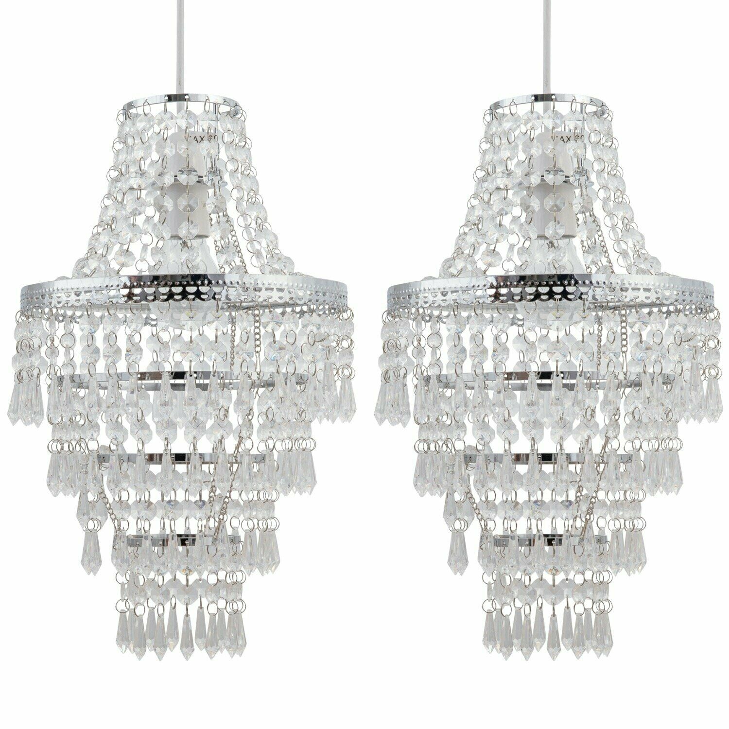 Set of 2 Chrome Chandelier Style Acrylic Crystal Easy Fit Ceiling Light Shades