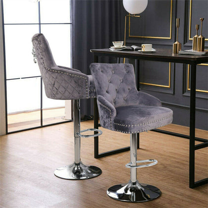 360° Swivel Grey Velvet Bar Stool Gas Lift w/Lion Head Door Knocker &Tufted Back