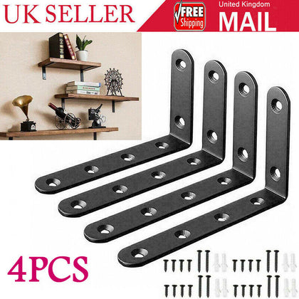 4x Black Wall Mounted L Shaped Angle Shelf Brackets Heavy Duty Corner Support UK