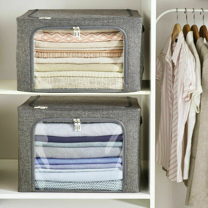 2 Stackable Foldaway Zipped Storage Boxes Folding Home Clothes Organizer Grey