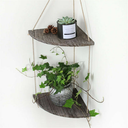 2 Tier Wooden Corner Shelf Hanging Shelving Fixings Floating Storage Rustic Rack