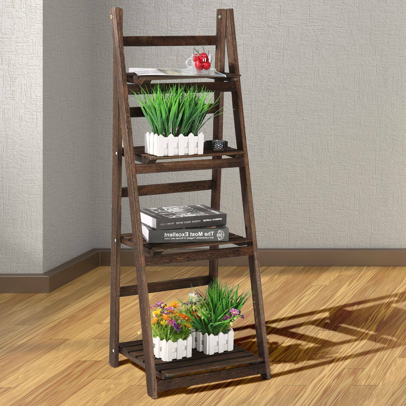 4 Tier Ladder Book Shelf Bookcase Garden Flower Plant Pot Display Rack Wooden