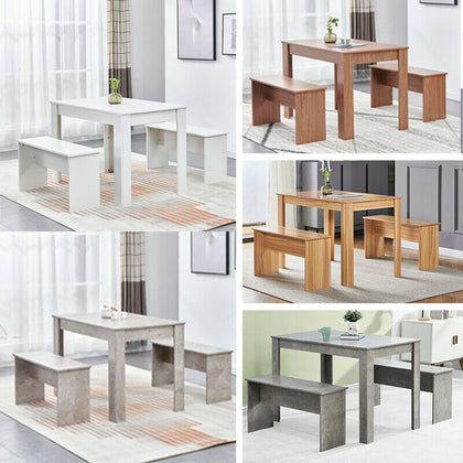 Set of 3 Dining Table + 2 Bench Chair Set Dining Room Kitchen Commercial Wooden