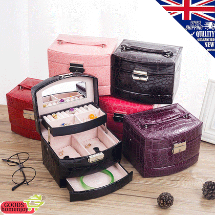 LOCKABLE 3 LAYERS BLACK JEWELLERY BOX LEATHER FINISH JEWELRY STORAGE 2 DRAWER