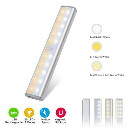 20 LED Two Color Human Body Sensor Strip Lamp RIP Rechargeable USB Cabinet Stair