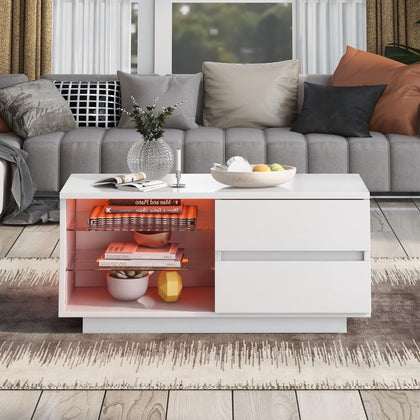 Coffee Table TV Stand Storage Cabinet High Gloss LED RGB Light 2 Drawers Shelves