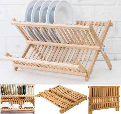 2 Tier Bamboo Wood Foldable Dish Rack Dish Drainer Plate Cup Cutlery Holder New