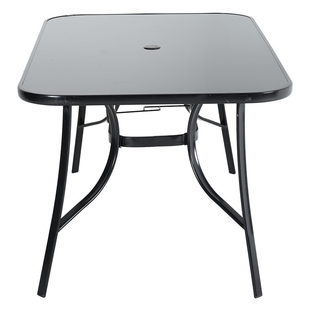 Black 150cm Glass Dining Table Outdoor Garden Patio with Parasol Hole