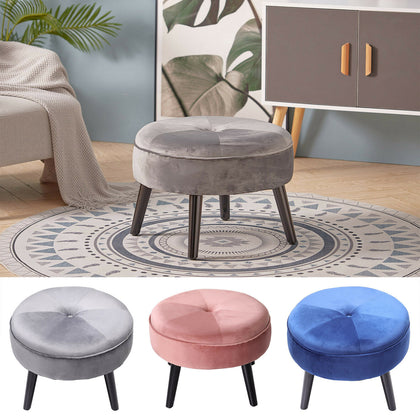 Round Footstool Ottoman Velvet Stool Padded Seat Footstool Wooden Legs Furniture