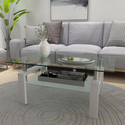 Coffee Table High Gloss Tempered Glass Top with Storage Shelf Living Room White