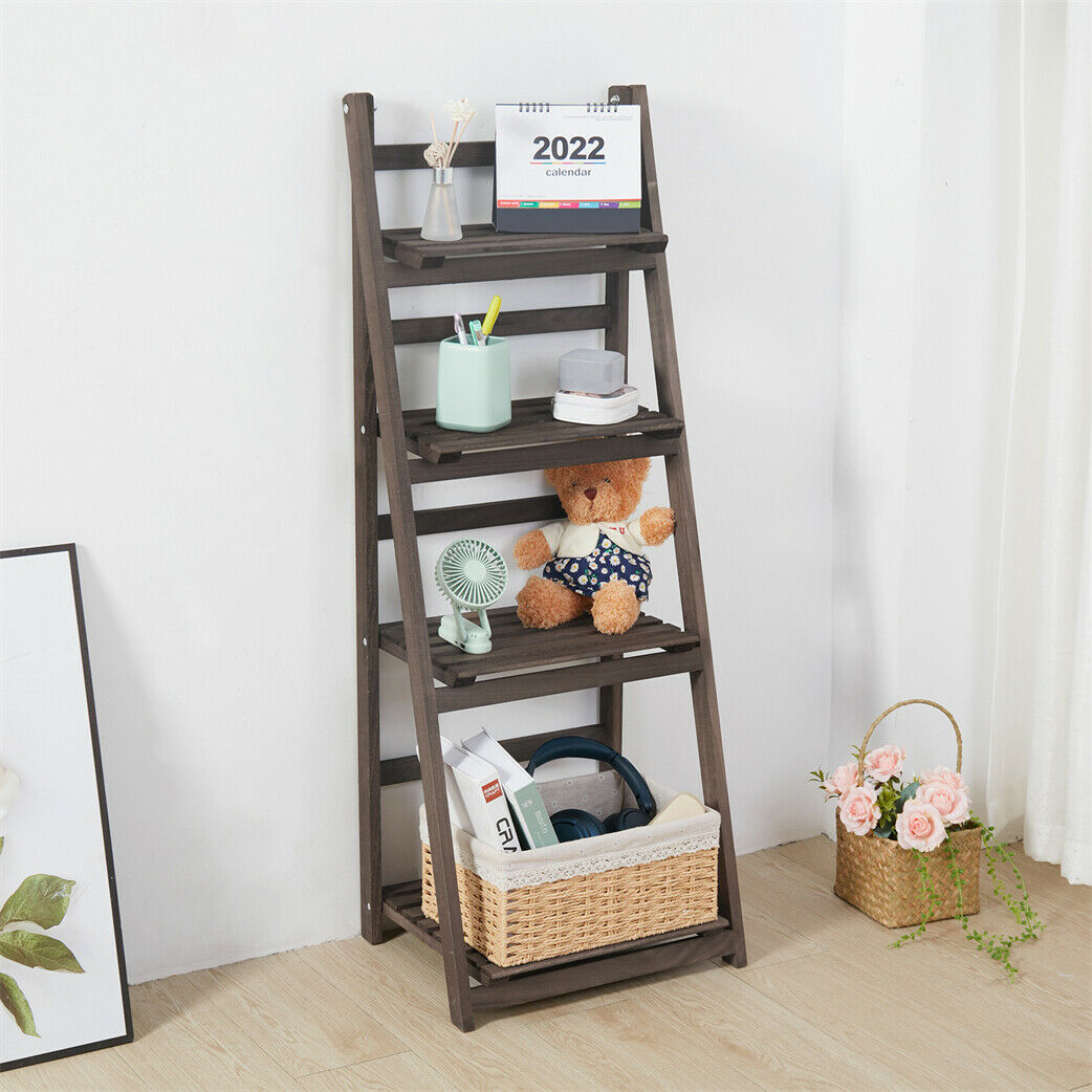 Foldable 4 Tier Wooden Ladder Storage Rack Display Stand Shelving Unit ...