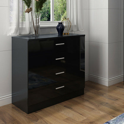 Home High Gloss Chest Of 4 Drawers Bedroom Furniture Black Storage Cabinet