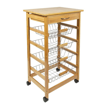 Woodluv Bamboo Kitchen Storage Trolley Cart With Drawer & Wire Storage Basket