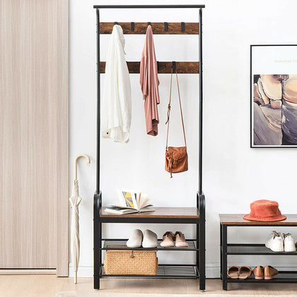 Wooden Coat Stand and Shoe Rack Hallway Bedroom Clothes Hat Hanger Hook Shelves