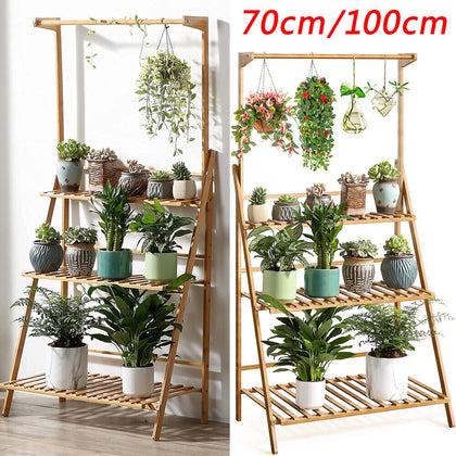 Large Bamboo 3 Tier Hanging Plant Stand Folding Garden Shelves Corner Balcony