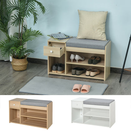 Shoe Storage Bench w/ Drawer 3 Compartments Cushion Home Boots Multifunction