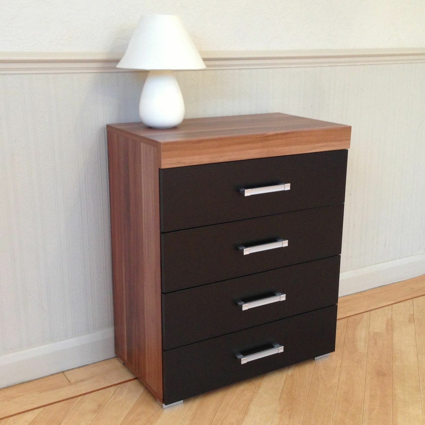 3 Piece Black & Walnut Bedroom Set! Wardrobe, 4 Drawer Chest, Bedside Table! NEW
