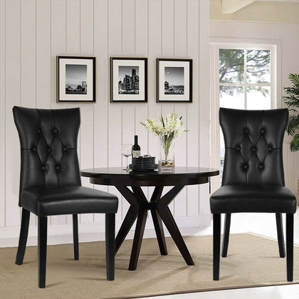 2x Dining Chairs - Faux Leather Button Wing Back Dinner Hotel Wooden Legs Chair