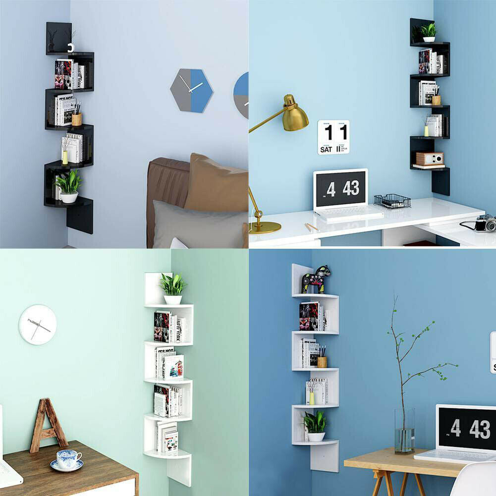 5 Tier Floating Wall Shelves Corner Shelf Storage Display Holder Bookcase Set